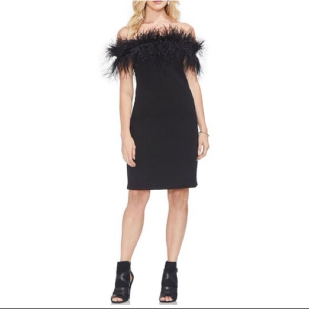 Vince Camuto Black Off the Shoulder Feather Dress